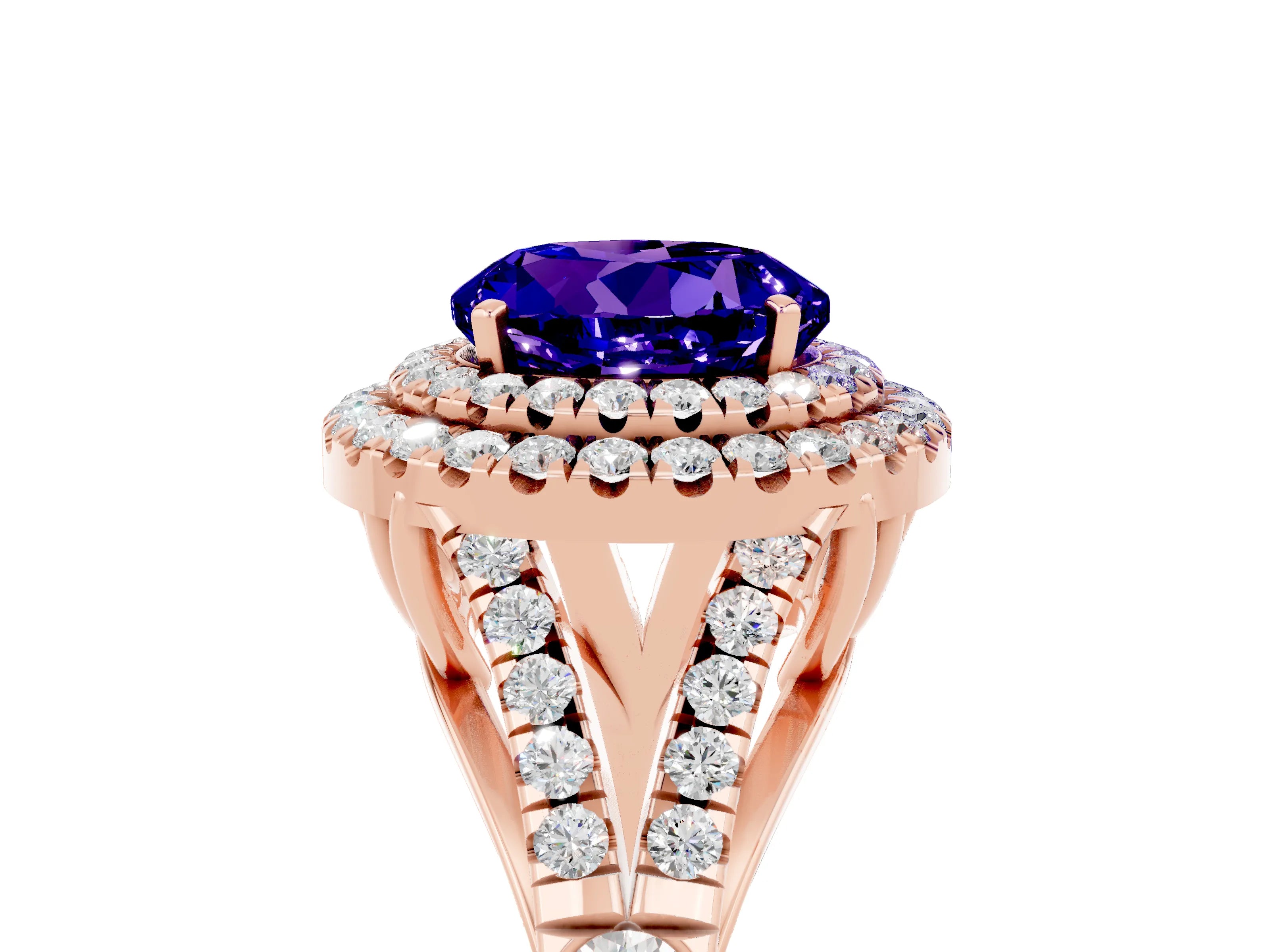 Rose gold Double Halo Round Cut Tanzanite Pavé Split Shank Ring with Prong Setting_5
