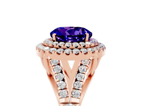Rose gold Double Halo Round Cut Tanzanite Pavé Split Shank Ring with Prong Setting_5