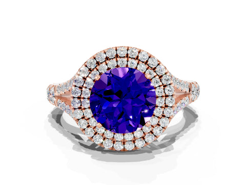 Rose gold Double Halo Round Cut Tanzanite Pavé Split Shank Ring with Prong Setting
