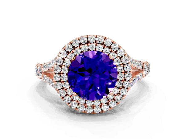Rose gold Double Halo Round Cut Tanzanite Split Shank Engagement Ring with Four-Prong Setting