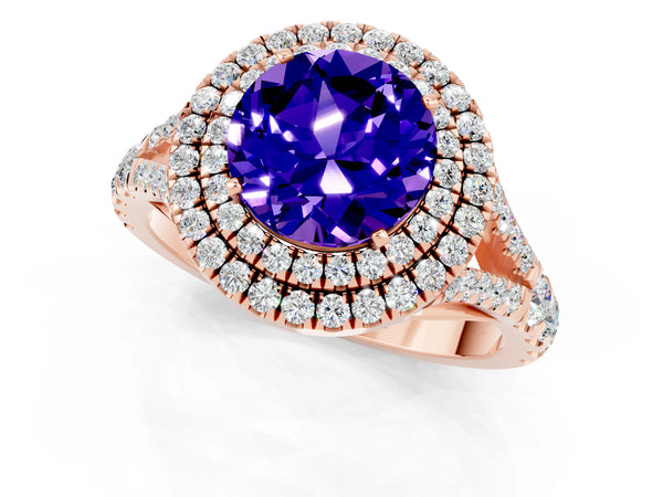 Rose gold Double Halo Round Cut Tanzanite Split Shank Engagement Ring with Four-Prong Setting