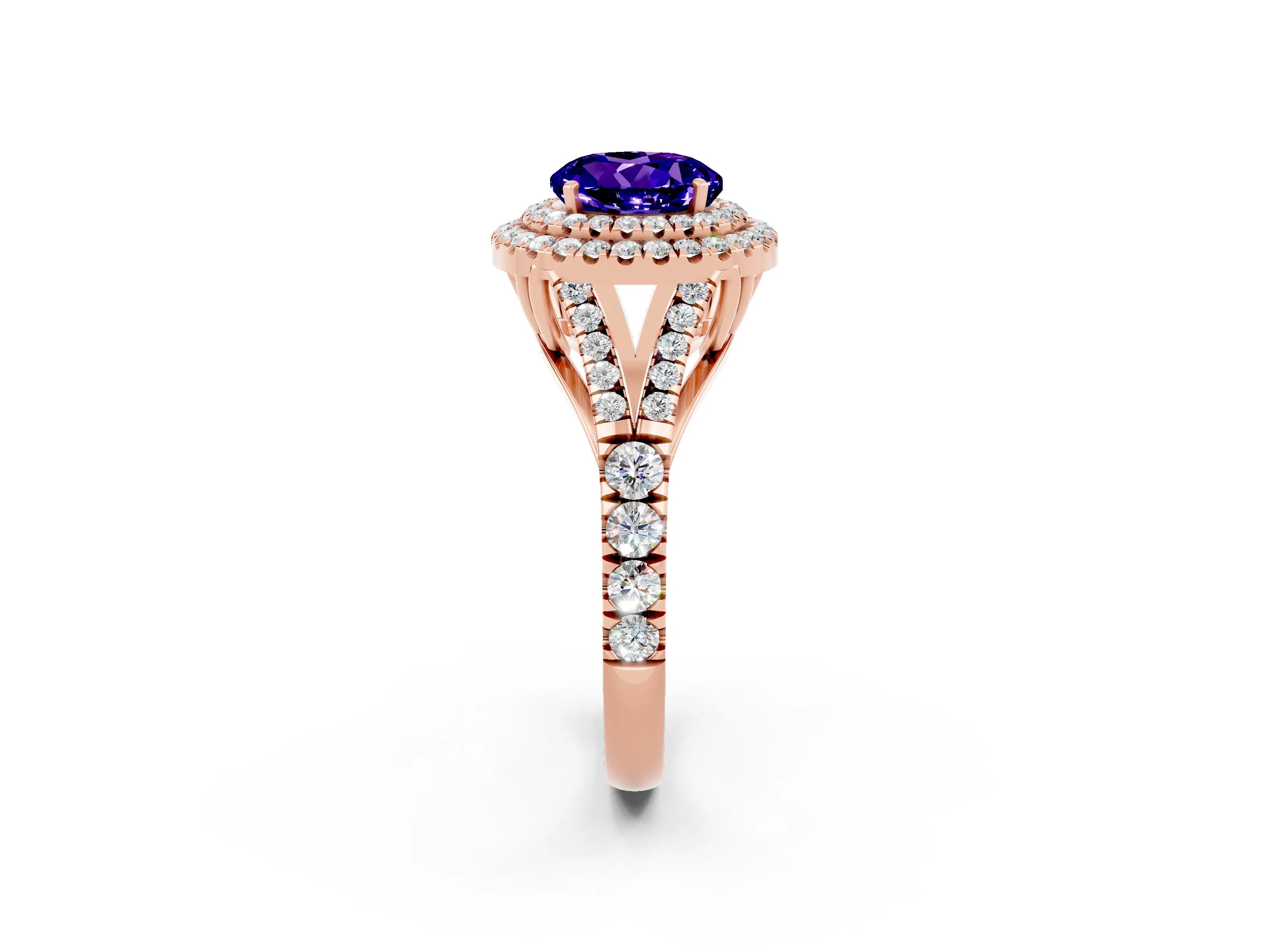 Rose gold Double Halo Round Cut Tanzanite Split Shank Engagement Ring with Four-Prong Setting_2