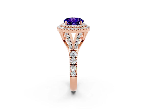 Rose gold Double Halo Round Cut Tanzanite Split Shank Engagement Ring with Four-Prong Setting