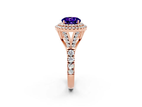 Rose gold Double Halo Round Cut Tanzanite Split Shank Engagement Ring with Four-Prong Setting_2