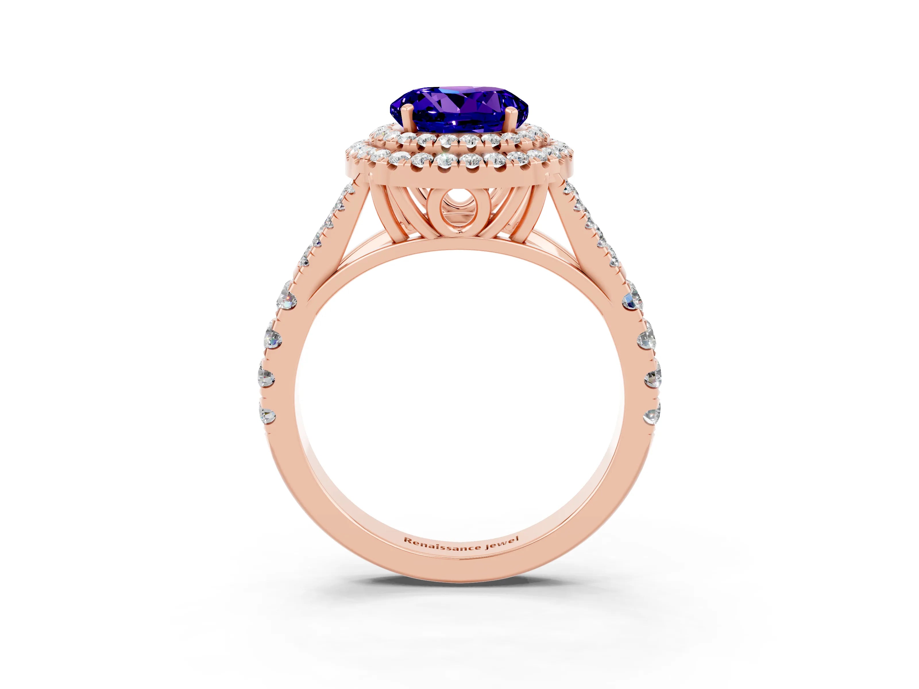 Rose gold Double Halo Round Cut Tanzanite Split Shank Engagement Ring with Four-Prong Setting_3