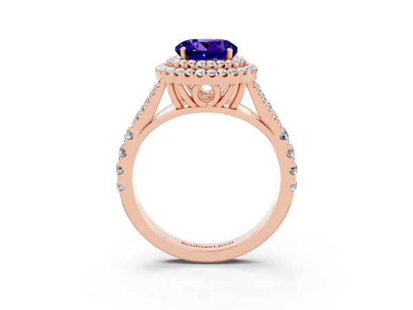 Rose gold Double Halo Round Cut Tanzanite Split Shank Engagement Ring with Four-Prong Setting