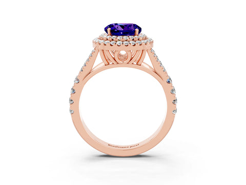 Rose gold Double Halo Round Cut Tanzanite Split Shank Engagement Ring with Four-Prong Setting_3