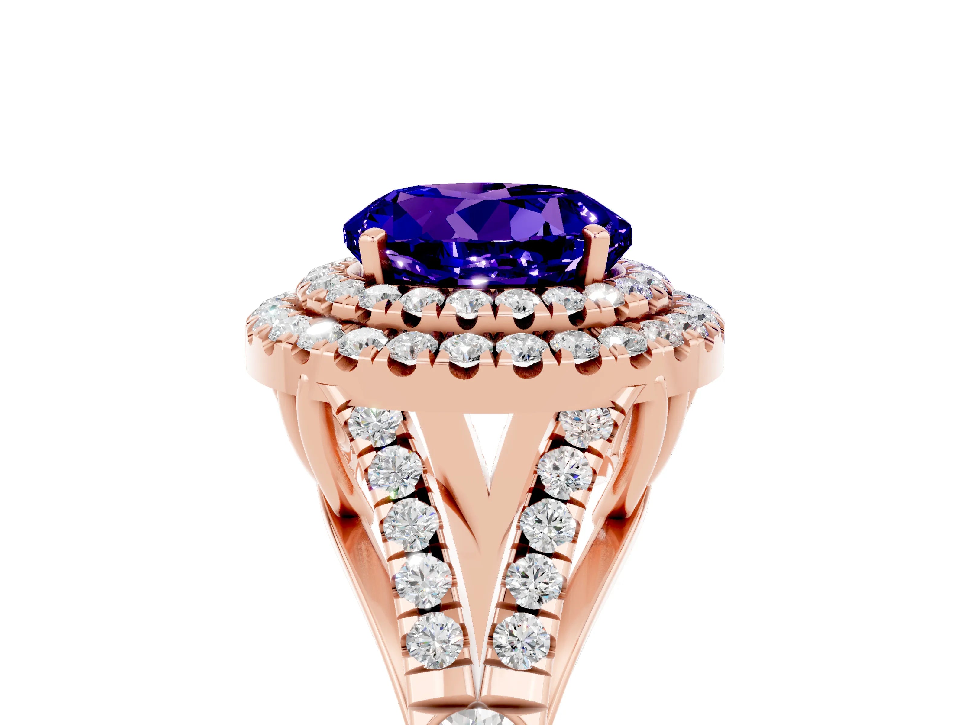 Rose gold Double Halo Round Cut Tanzanite Split Shank Engagement Ring with Four-Prong Setting_5