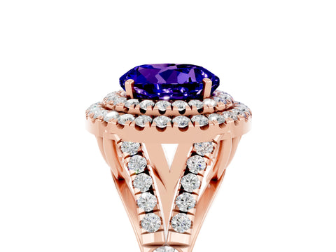 Rose gold Double Halo Round Cut Tanzanite Split Shank Engagement Ring with Four-Prong Setting_5