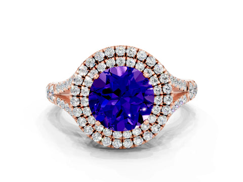 Rose gold Double Halo Round Cut Tanzanite Split Shank Engagement Ring with Four-Prong Setting