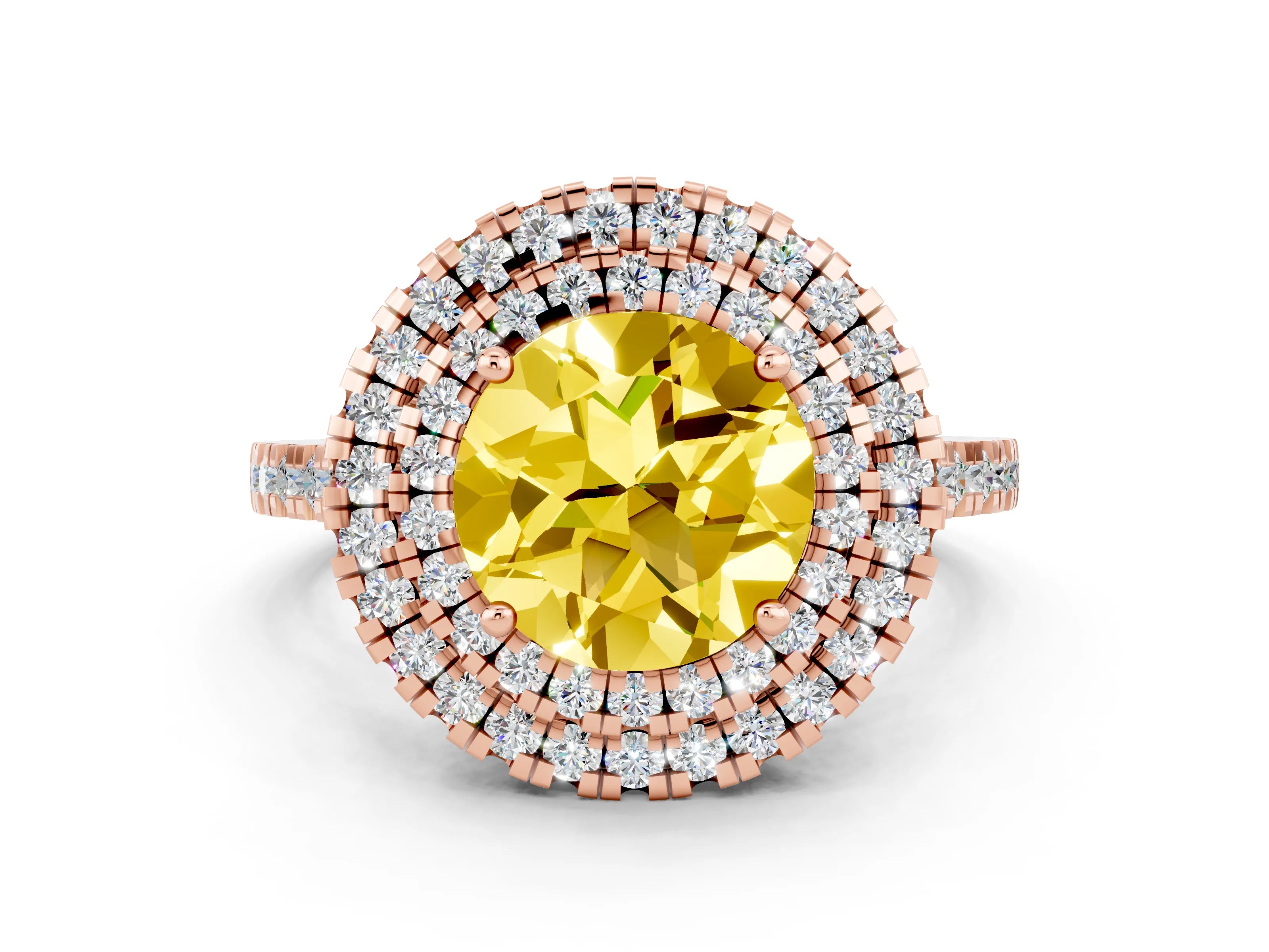 Rose gold Double Halo Round Cut Yellow Sapphire Pavé Band with Four-Prong Setting_24