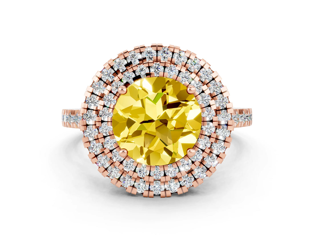 Rose gold Double Halo Round Cut Yellow Sapphire Pavé Band with Four-Prong Setting_24