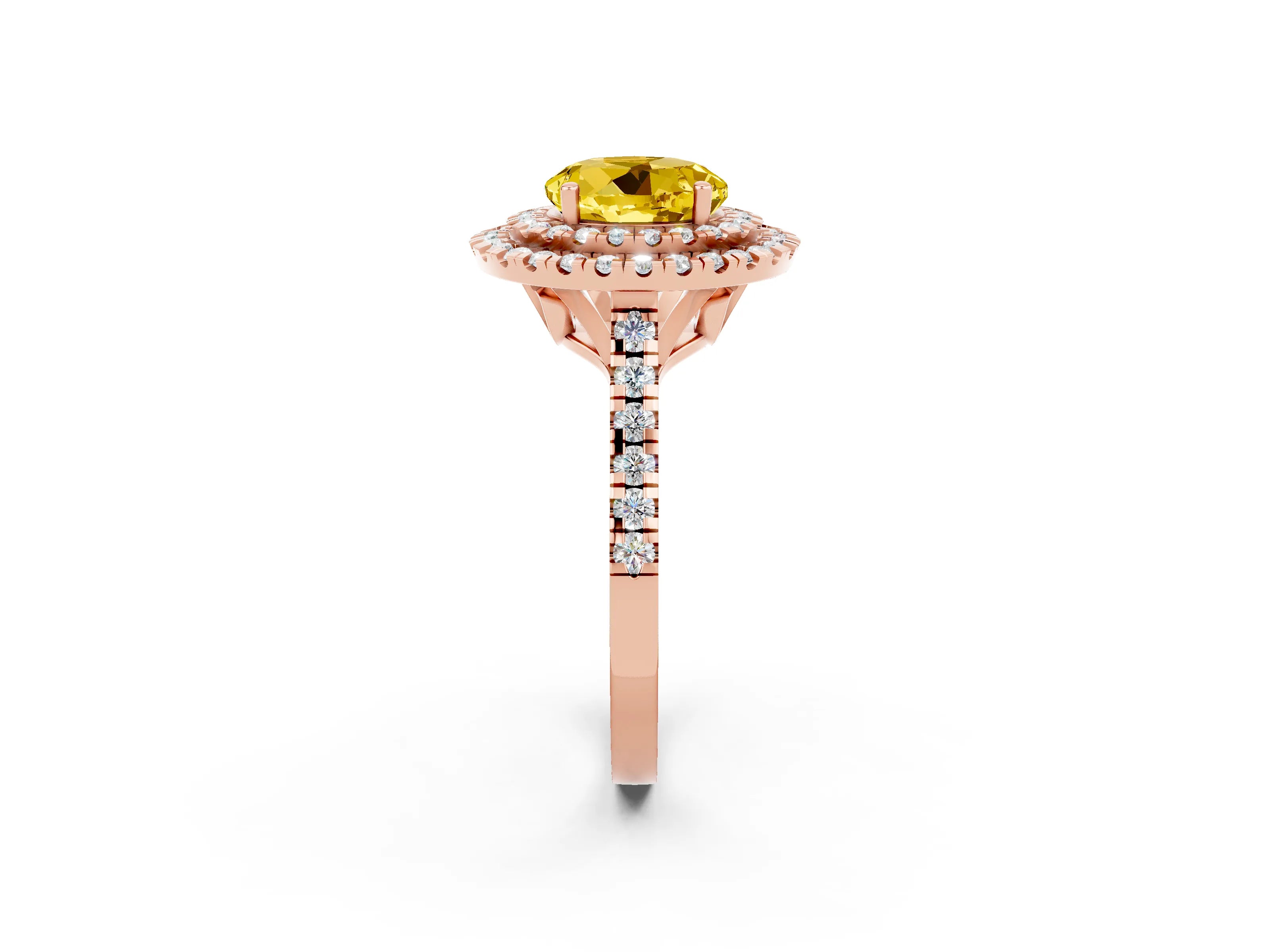 Rose gold Double Halo Round Cut Yellow Sapphire Pavé Band with Four-Prong Setting_26