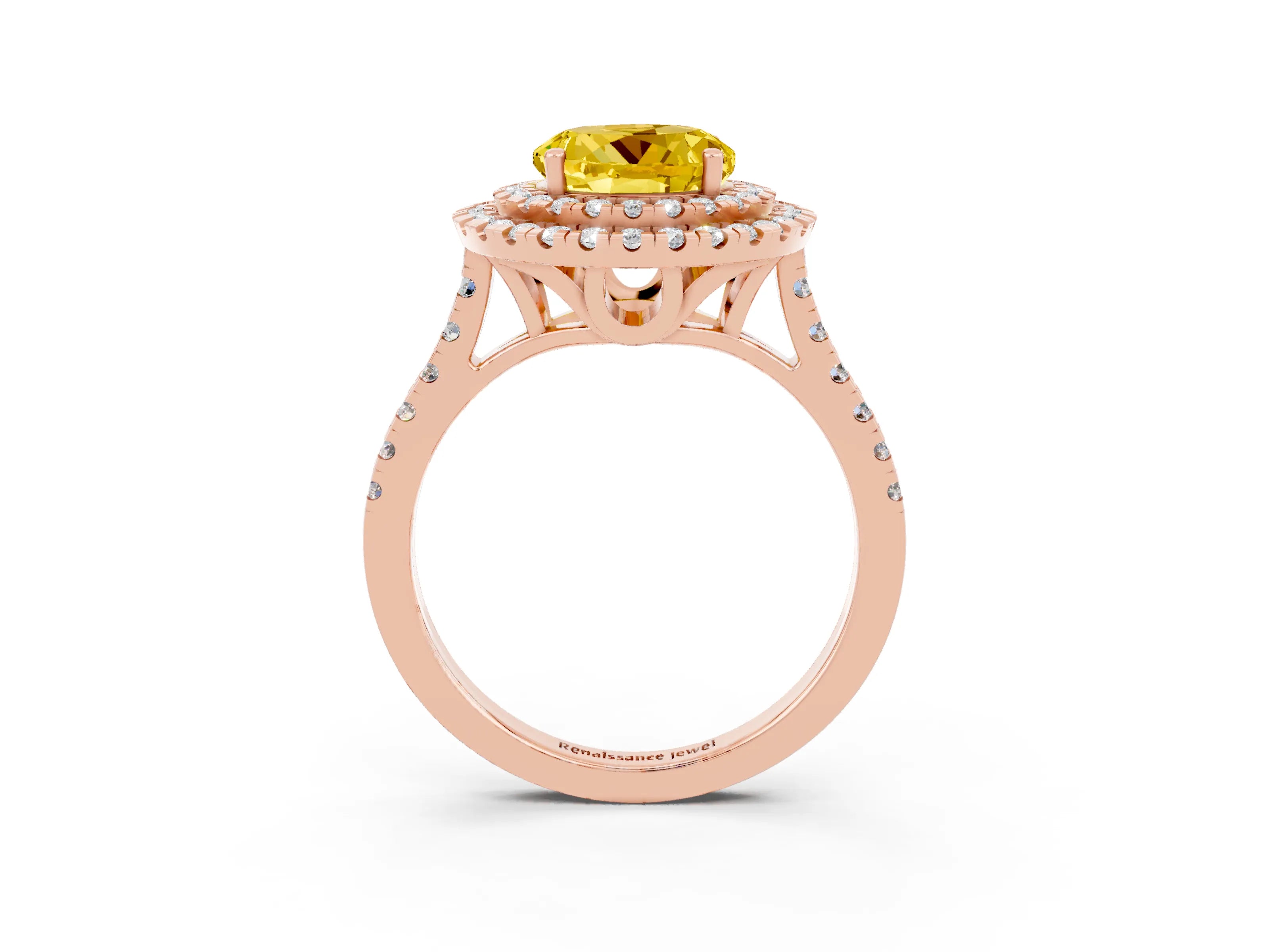 Rose gold Double Halo Round Cut Yellow Sapphire Pavé Band with Four-Prong Setting_27