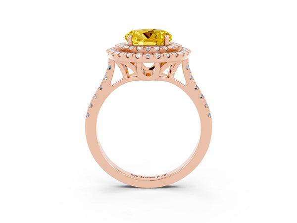 Rose gold Double Halo Round Cut Yellow Sapphire Pavé Band with Four-Prong Setting