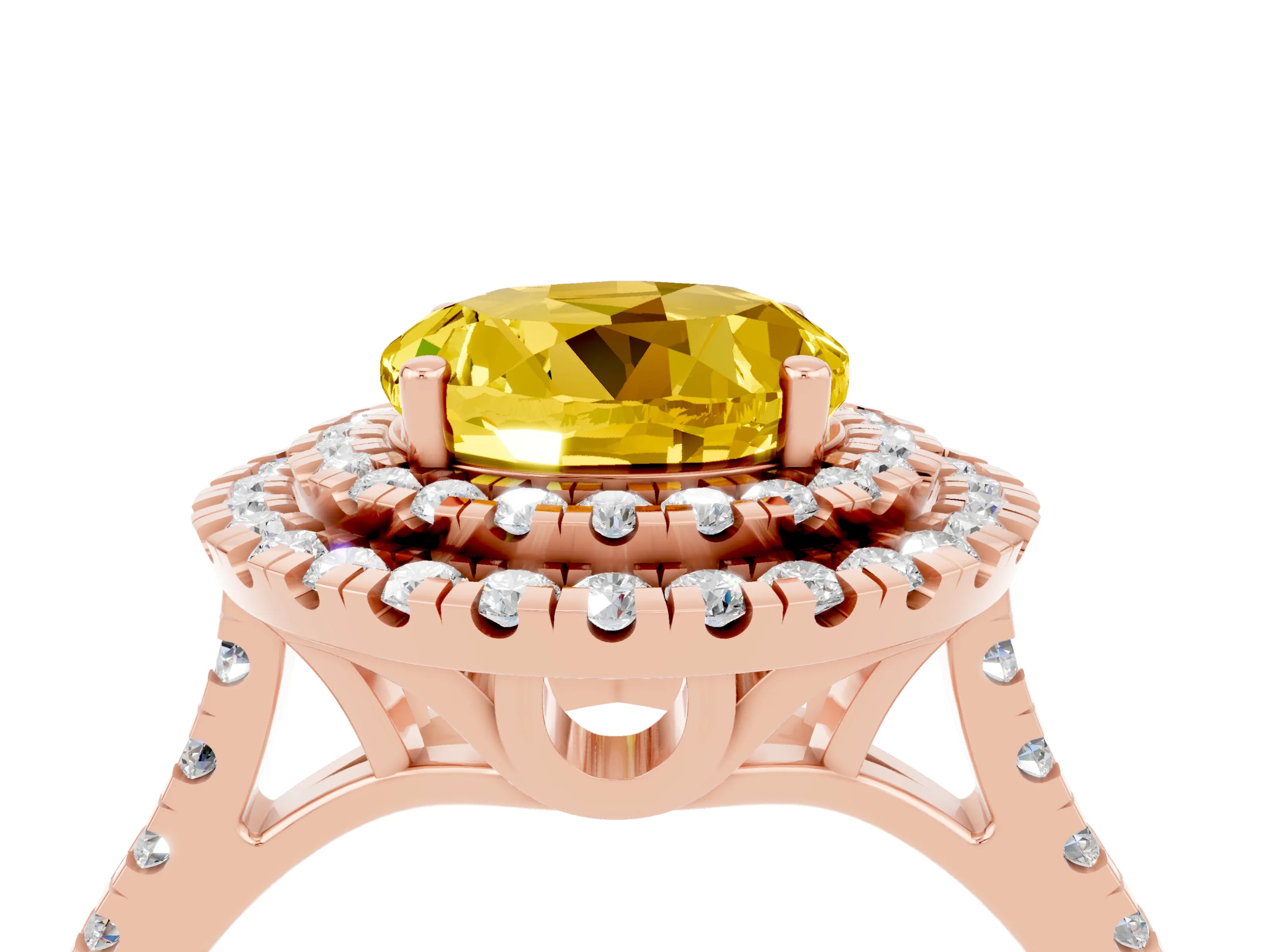 Rose gold Double Halo Round Cut Yellow Sapphire Pavé Band with Four-Prong Setting_28