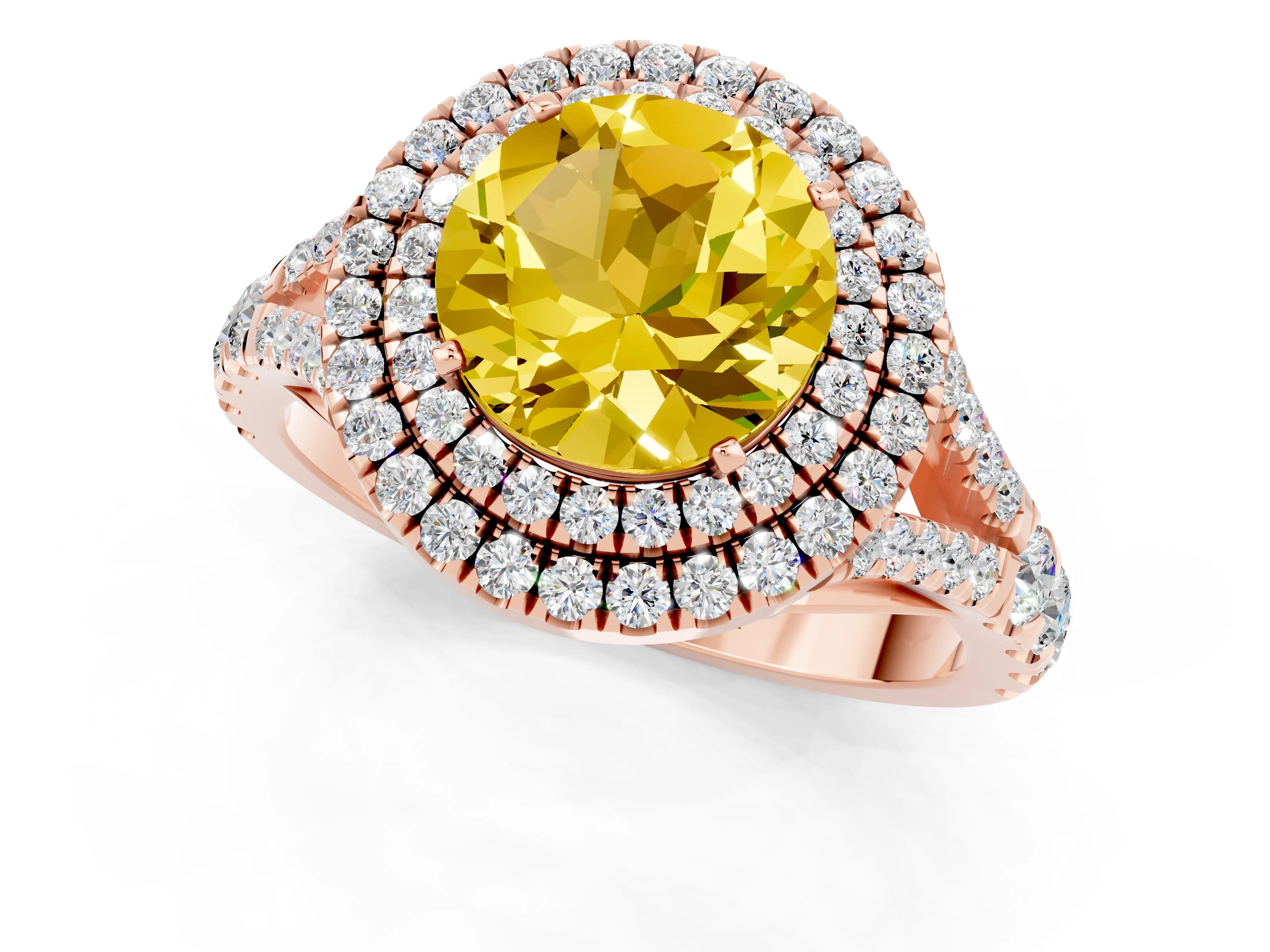 Rose gold Double Halo Round Cut Yellow Sapphire Pavé Split Shank Ring with Prong Setting_1