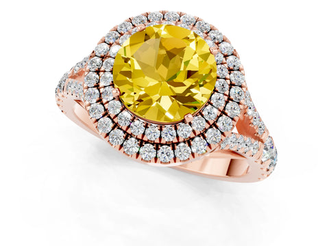 Rose gold Double Halo Round Cut Yellow Sapphire Pavé Split Shank Ring with Prong Setting_1