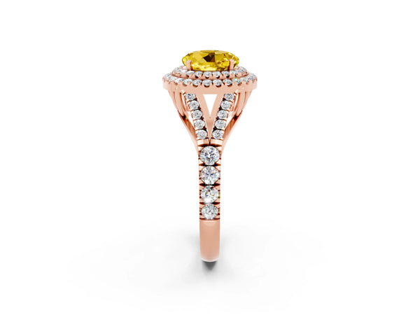 Rose gold Double Halo Round Cut Yellow Sapphire Pavé Split Shank Ring with Prong Setting