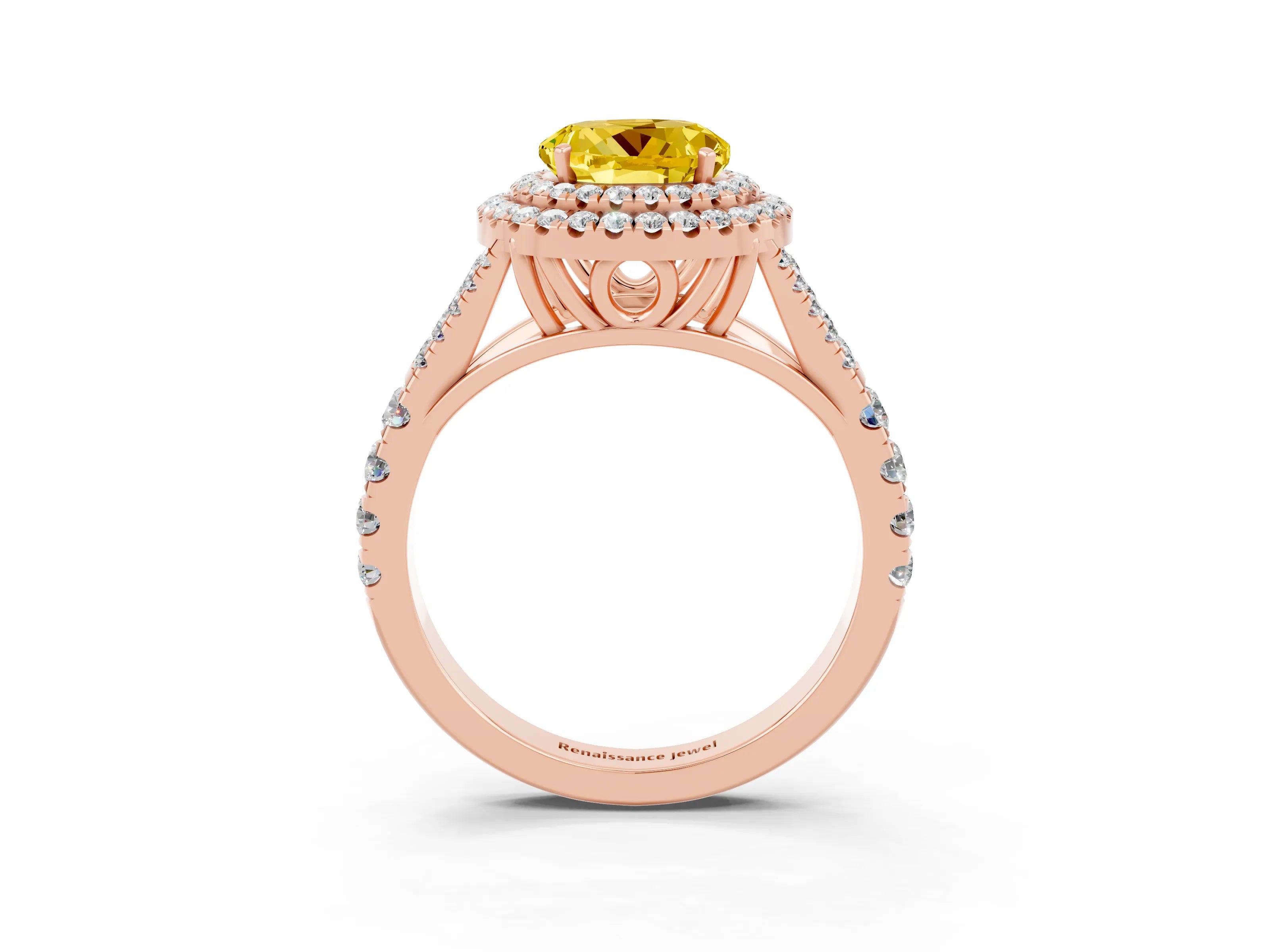 Rose gold Double Halo Round Cut Yellow Sapphire Pavé Split Shank Ring with Prong Setting_3