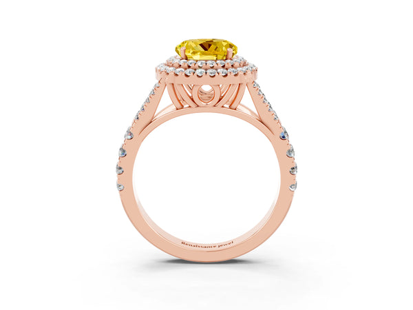 Rose gold Double Halo Round Cut Yellow Sapphire Pavé Split Shank Ring with Prong Setting