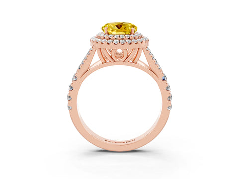 Rose gold Double Halo Round Cut Yellow Sapphire Pavé Split Shank Ring with Prong Setting_3