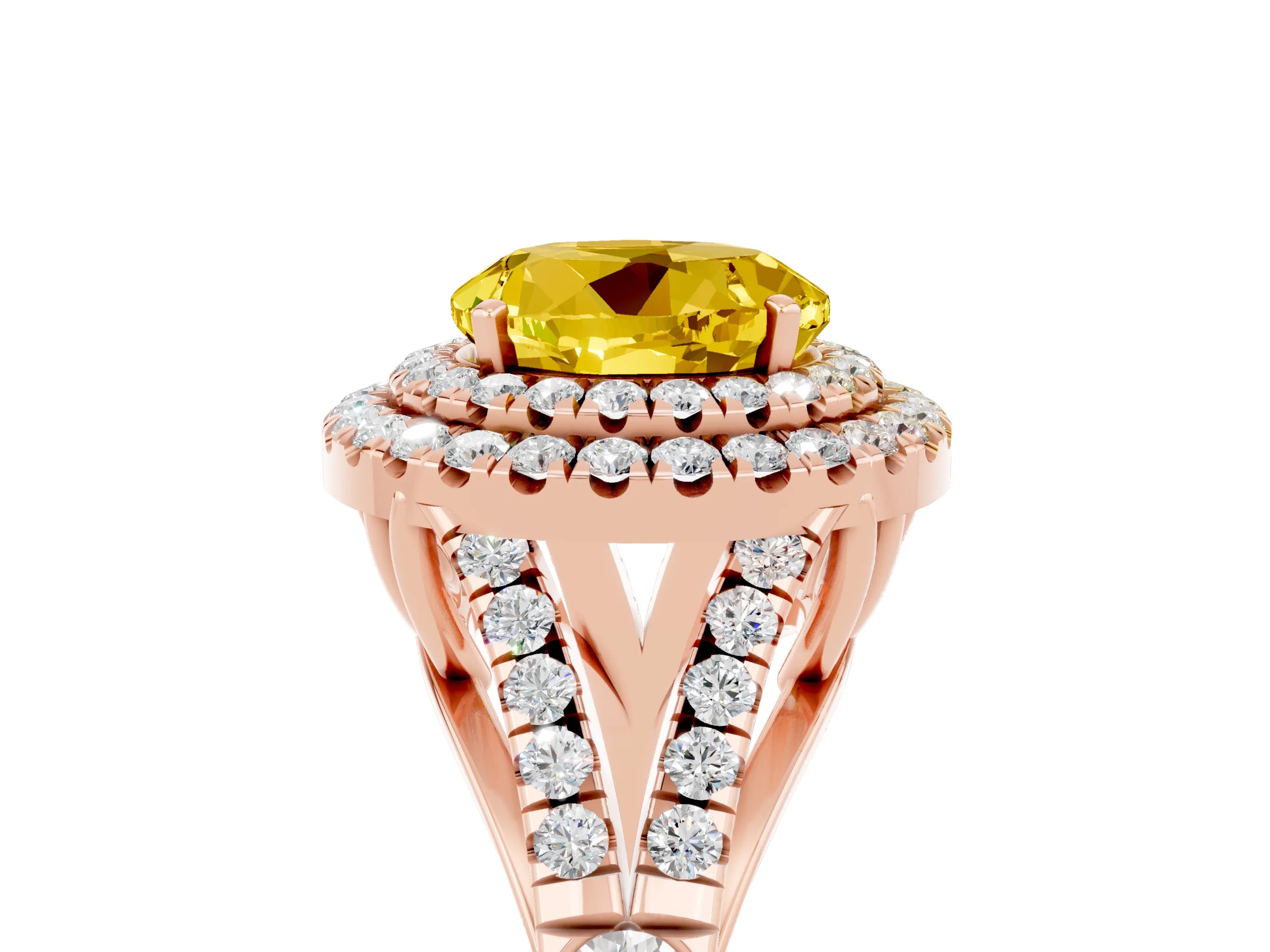 Rose gold Double Halo Round Cut Yellow Sapphire Pavé Split Shank Ring with Prong Setting_5