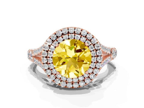 Rose gold Double Halo Round Cut Yellow Sapphire Pavé Split Shank Ring with Prong Setting