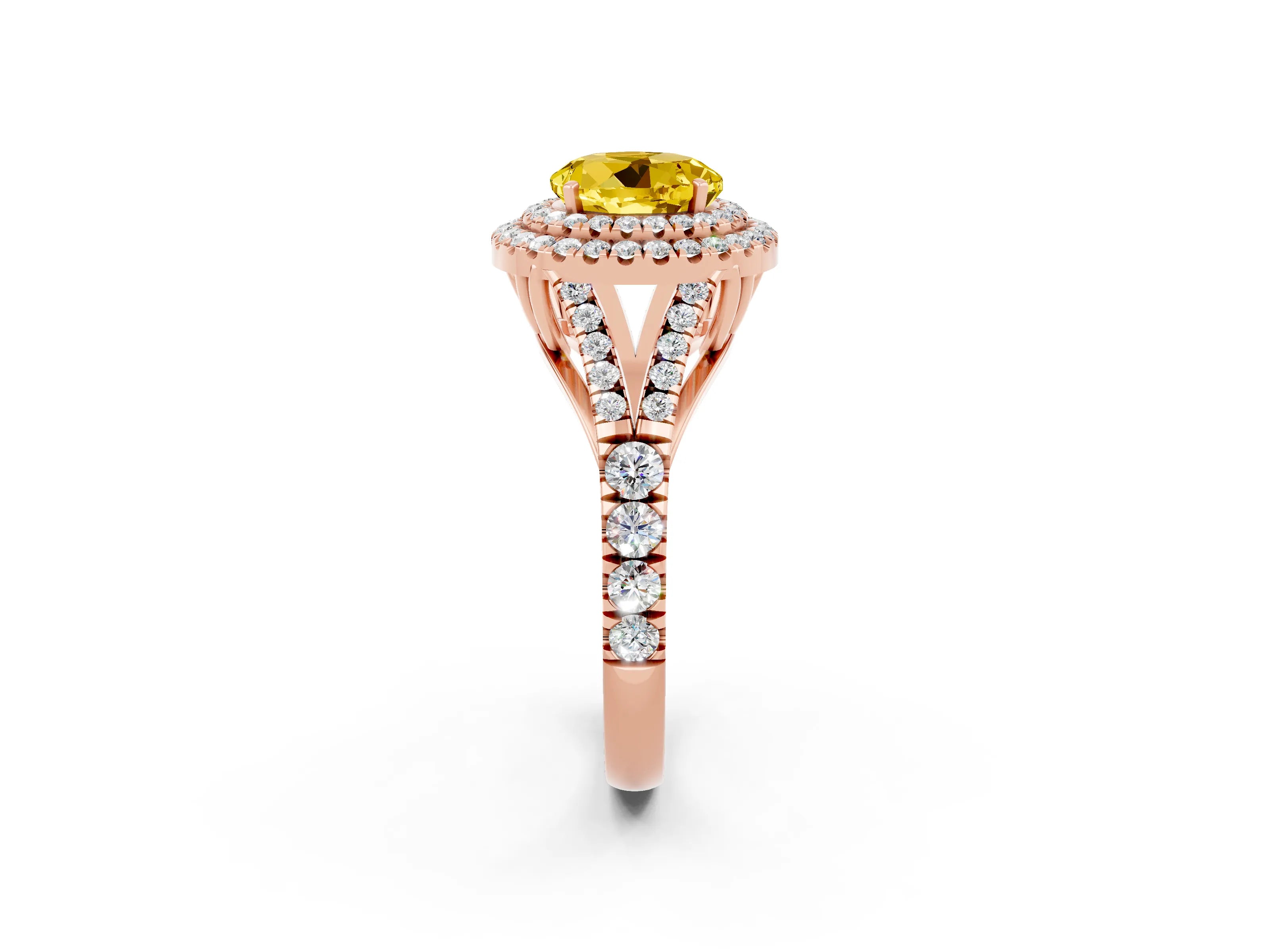 Rose gold Double Halo Round Cut Yellow Sapphire Split Shank Engagement Ring with Four-Prong Setting_2