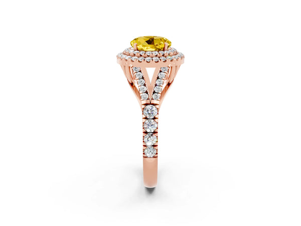Rose gold Double Halo Round Cut Yellow Sapphire Split Shank Engagement Ring with Four-Prong Setting