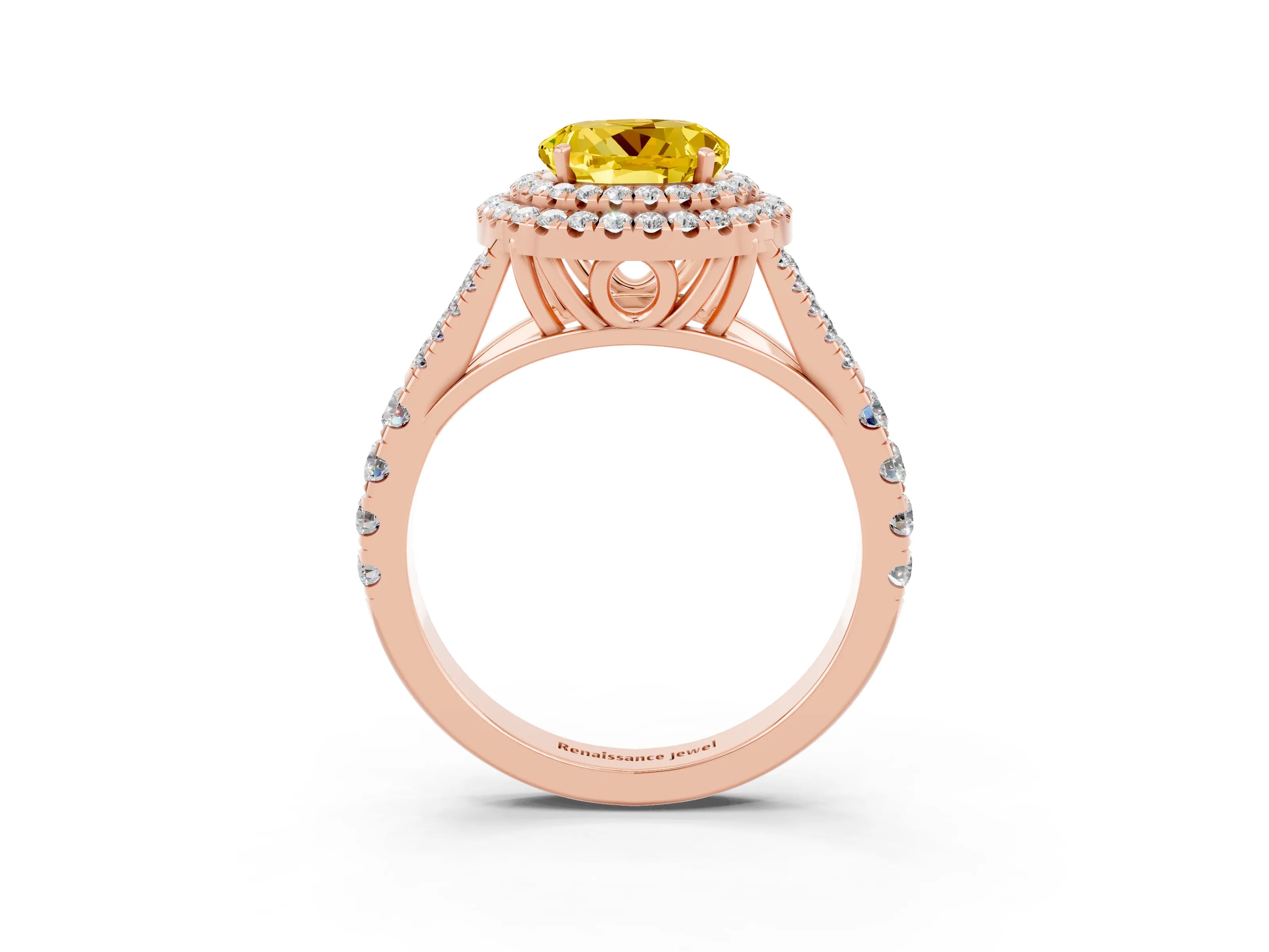 Rose gold Double Halo Round Cut Yellow Sapphire Split Shank Engagement Ring with Four-Prong Setting_3