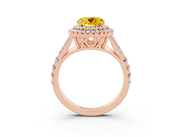 Rose gold Double Halo Round Cut Yellow Sapphire Split Shank Engagement Ring with Four-Prong Setting