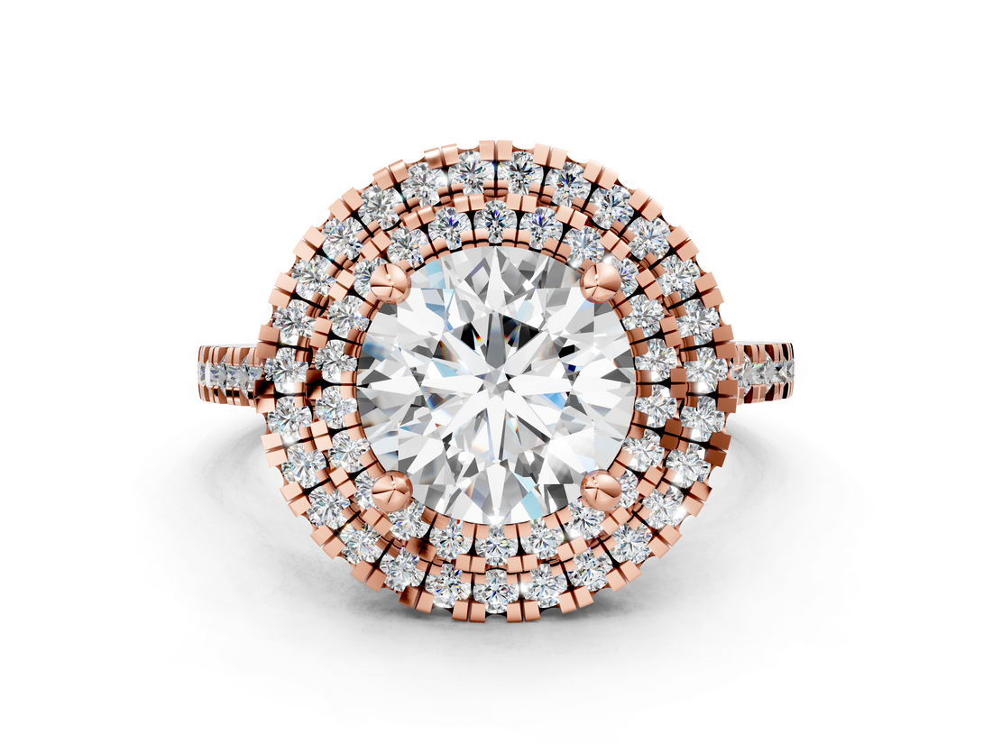 Rose gold Double Halo Round Diamond Pave Band with Four-Prong Setting_62