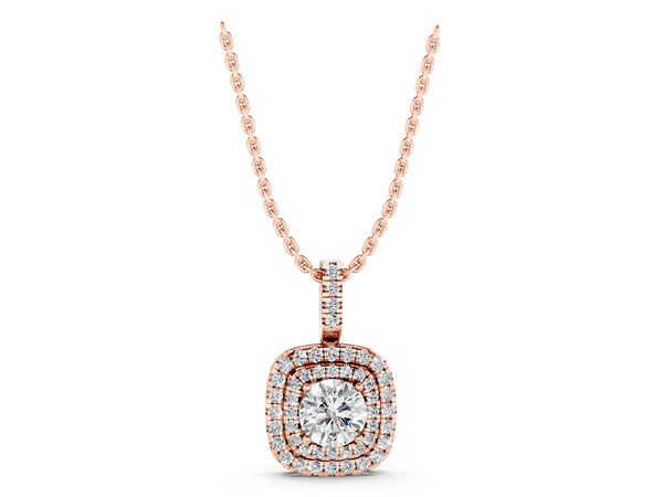 Rose gold Double Halo Round Diamond Pendant with Pavé Setting and Prong Setting