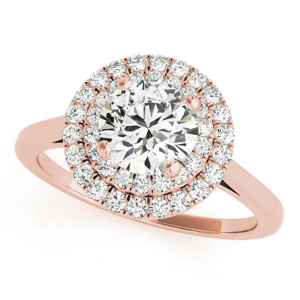 Rose gold Double Halo Round Diamond Solitaire with Pavé Band and Four-Prong Setting