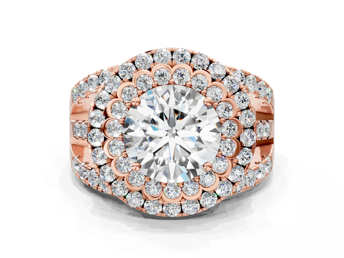 Rose gold Double Halo Round Diamond Split Shank Pave Set Ring_7