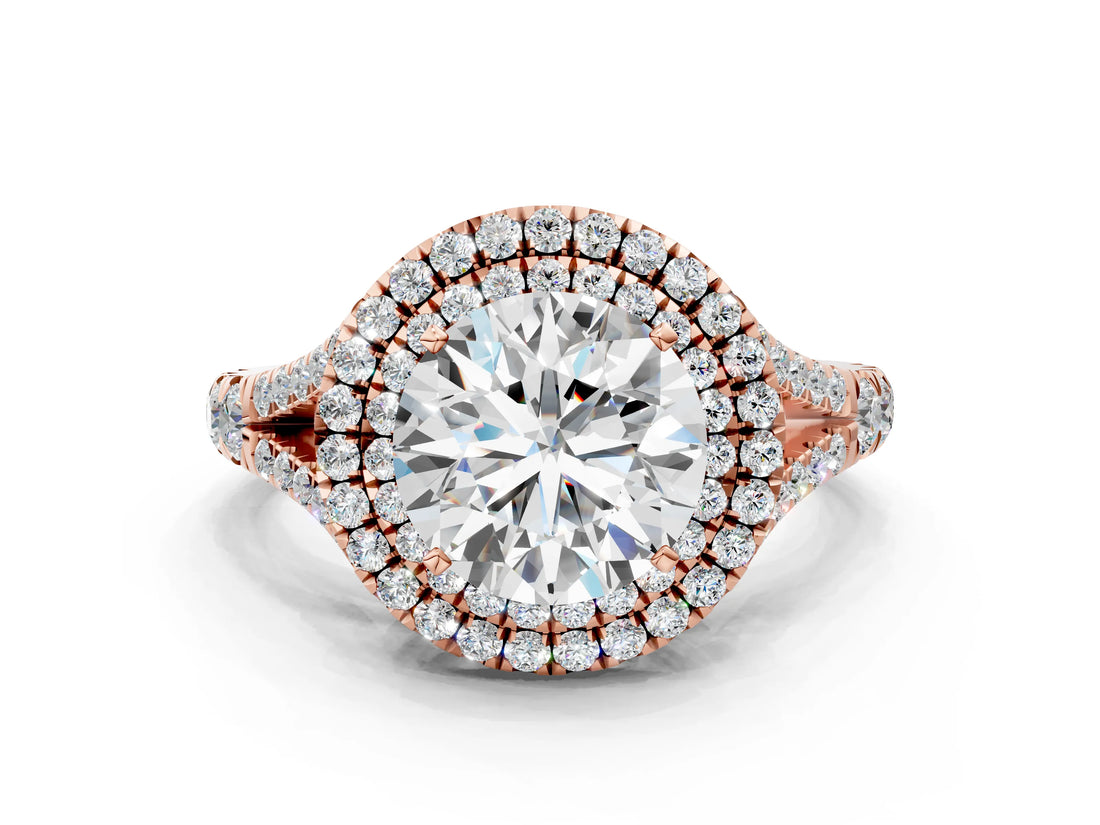 Rose gold Double Halo Round-Shaped Split Shank Diamond Ring with Prong Setting_19