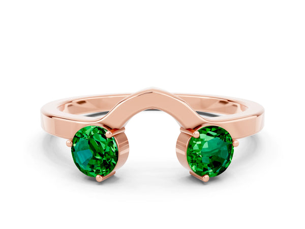 Rose Gold Princess Cut Lab-Grown Emerald Two Stone Open U Curved Wedding Band