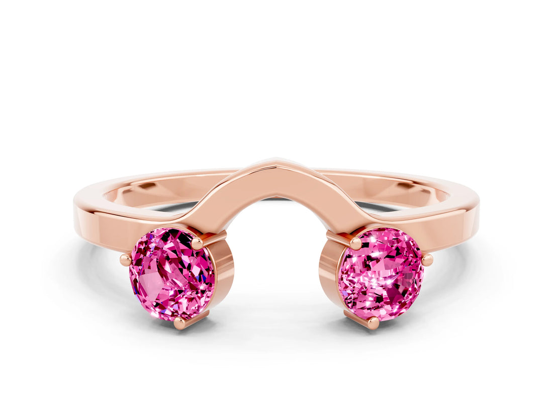 Rose gold Dual Round Pink Sapphire Open Band Ring with Prong Setting_18