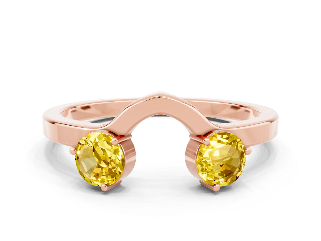 Rose gold Dual Round Yellow Sapphire Open Band Ring with Prong Setting_18