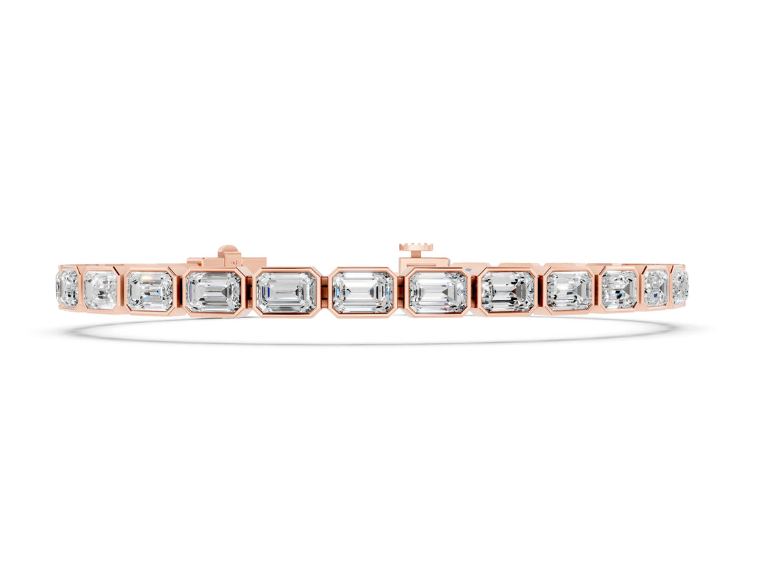 Rose gold East-West Emerald Cut Diamond Tennis Bracelet with Bezel Setting