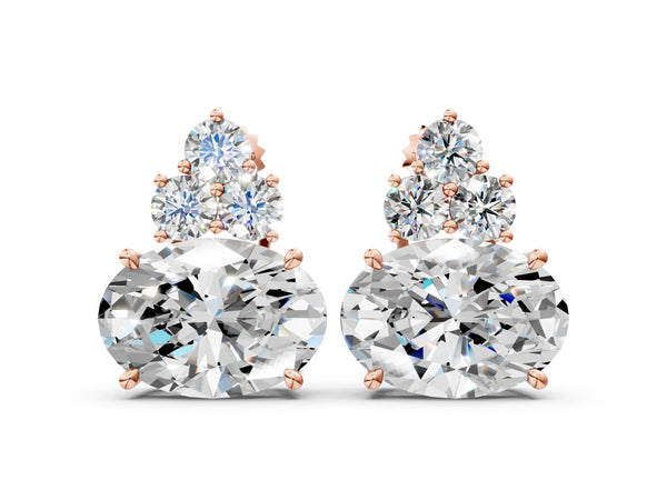 Rose gold East-West Oval Diamond Cluster Stud Earrings with Round Diamond Accents
