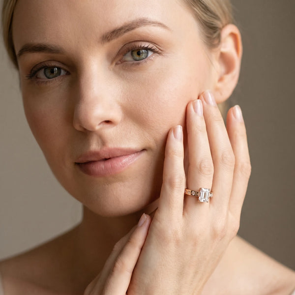 Rose gold Emerald Brilliant Channel-Set Diamond Ring with Bezel Prong Setting