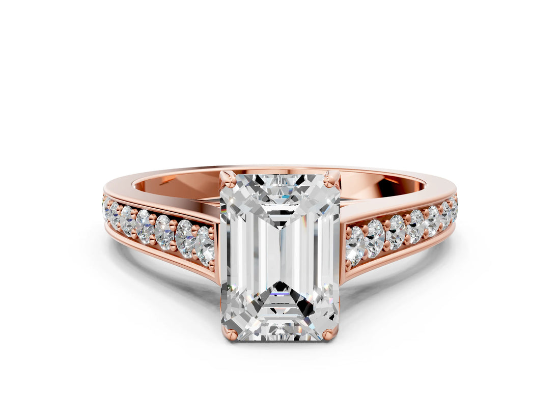 Rose gold Emerald Brilliant Cut Diamond Engagement Ring with Pavé Band and Four-Prong Setting_61