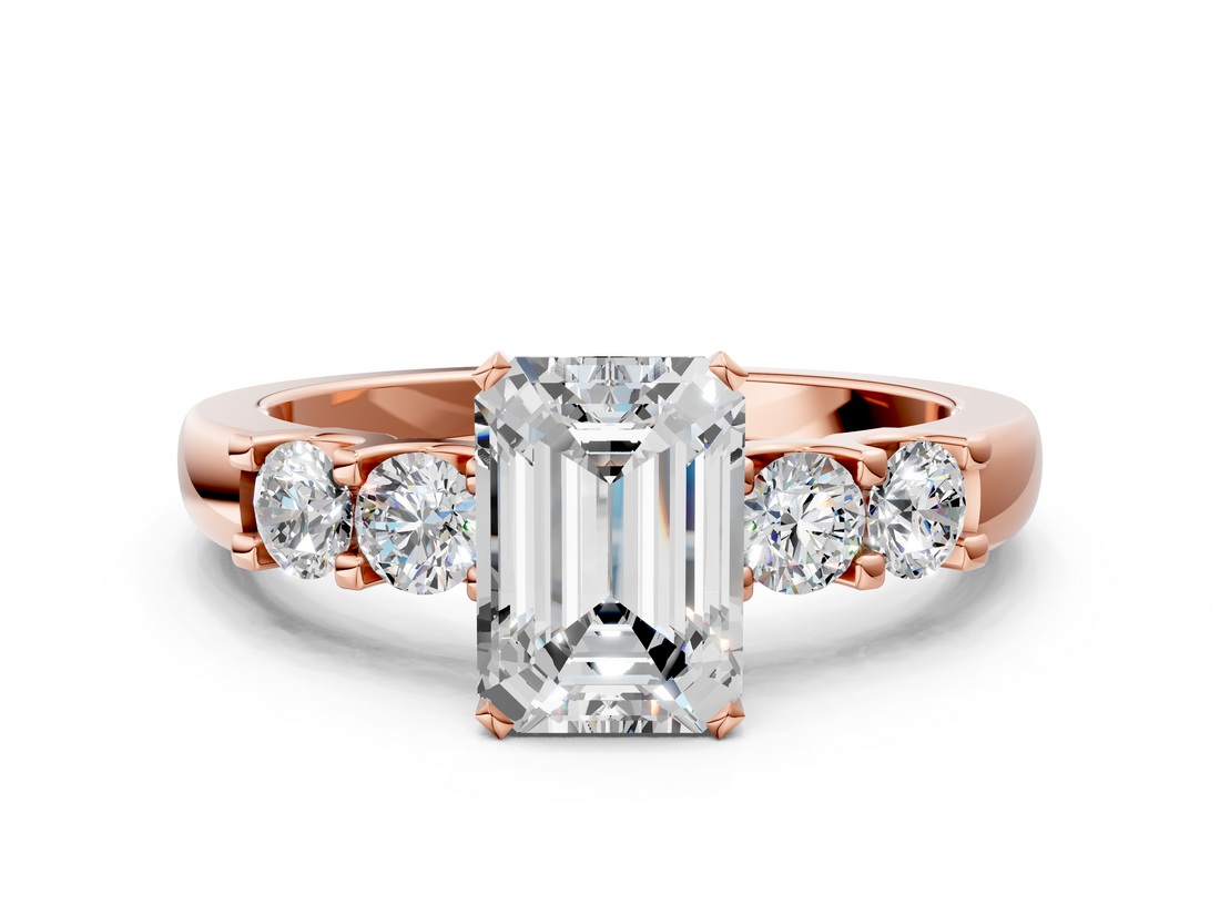 Rose gold Emerald Brilliant Cut Diamond Five-Stone Prong Set Engagement Ring with Channel Band_23