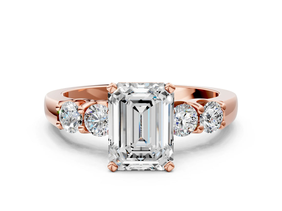 Rose gold Emerald Brilliant Diamond Five-Stone Engagement Ring with Prong Setting on a Classic Band_15