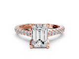 Rose gold Emerald Brilliant Diamond Solitaire with Pavé Band and Four-Prong Setting