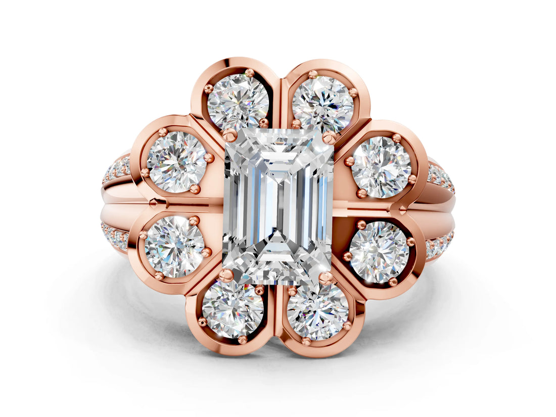 Rose gold Emerald Brilliant Flower Halo Diamond Split Shank Ring_26