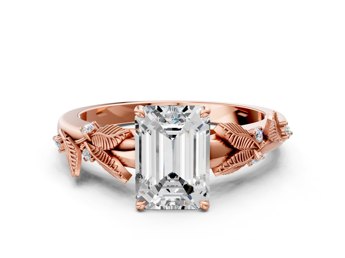 Rose gold Emerald Brilliant Solitaire with Leaf Motif Band and Four-Prong Setting_73