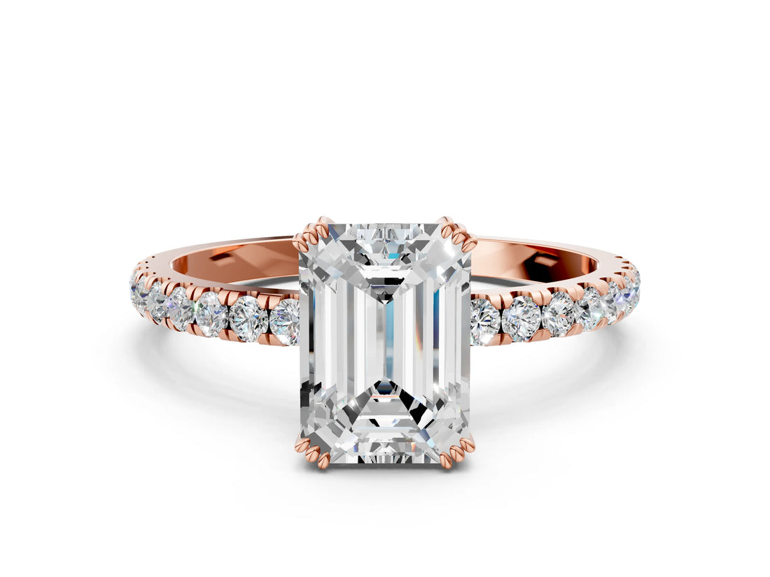 Rose gold Emerald Brilliant Solitaire with Pavé Band and Claw Prong Setting_7